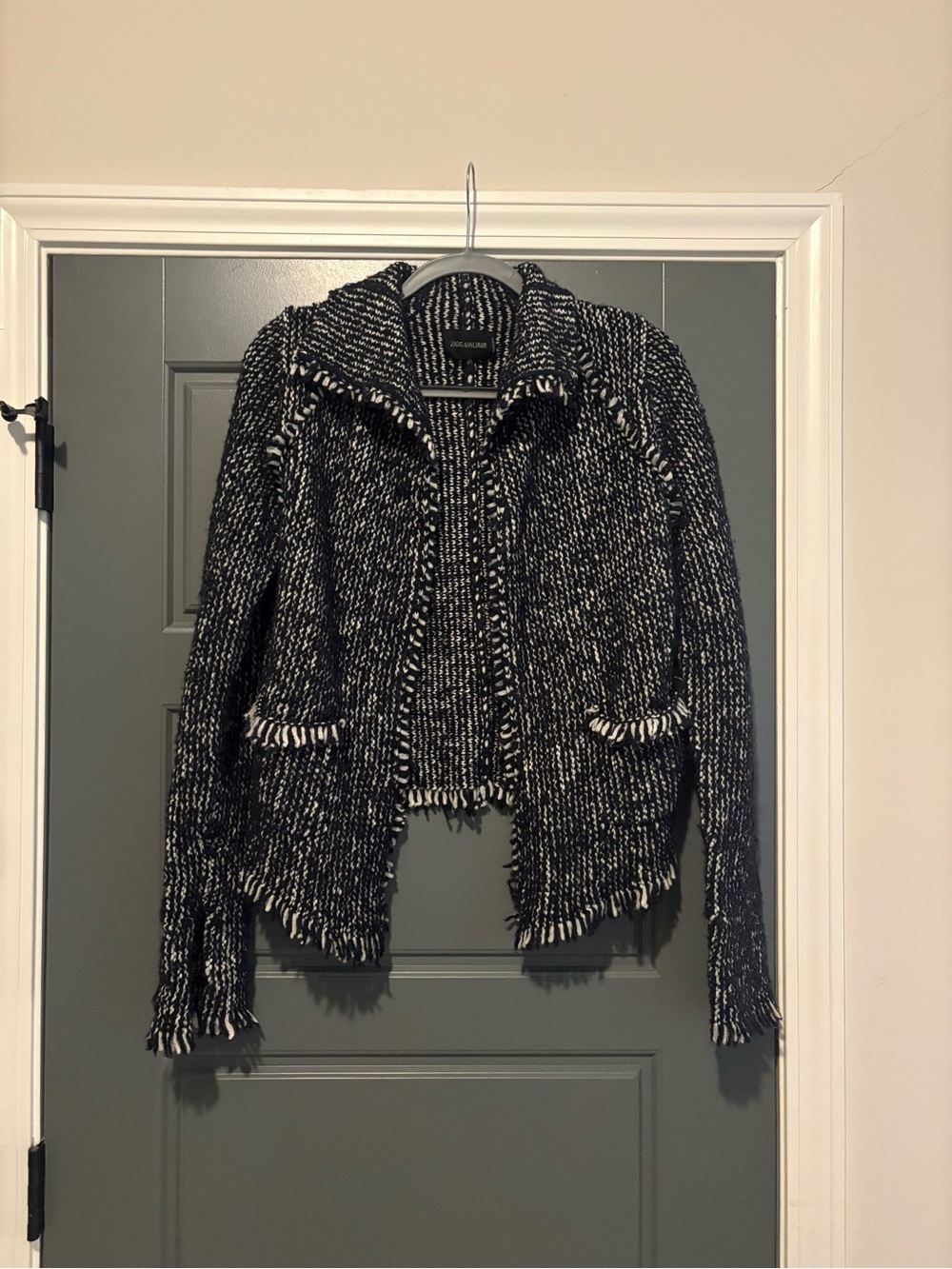 Zadig & Voltaire Grey Black Fleck Frayed Open Front Knit Cardigan Sweater